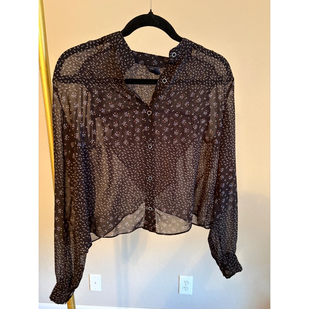 Black Sheer Top Floral Button Front Cropped Small Dark Cottagecore Romantic